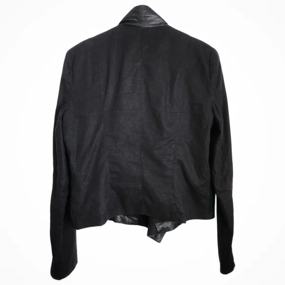 Lamarque Black Leather and Linen Jacket Draped Moto - Picture 4 of 6